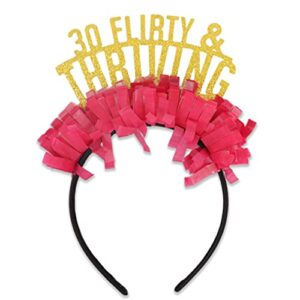 30 flirty thriving party crown - party tiara for thirty birthday,funny glittering pink paper headgear,birthday gift for girls or women