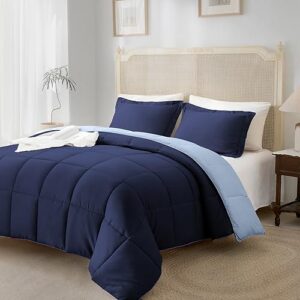 satisomnia queen comforter set blue, lightweight comforter for queen size bed, 3 pieces down alternative bedding comforter set with 2 pillow shams
