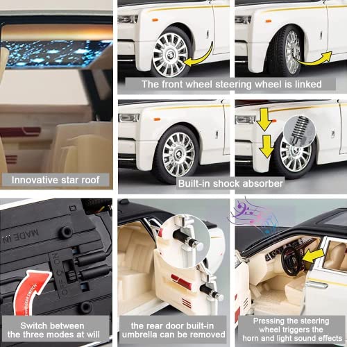 EROCK Exquisite car Model 1/24 Rolls-Royce Phantom Model Car,Zinc Alloy Pull Back Toy car with Sound and Light for Kids Boy Girl Gift. (White)