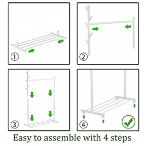 EKNITEY Clothes Garment Rack Portable - Rolling Clothing Organizer Rack on Wheels with Bottom Shelves (White)