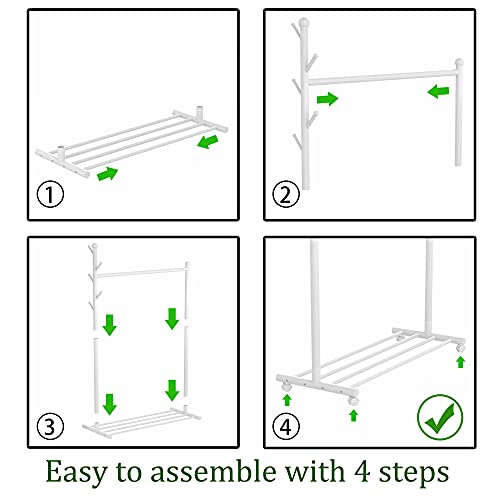 EKNITEY Clothes Garment Rack Portable - Rolling Clothing Organizer Rack on Wheels with Bottom Shelves (White)