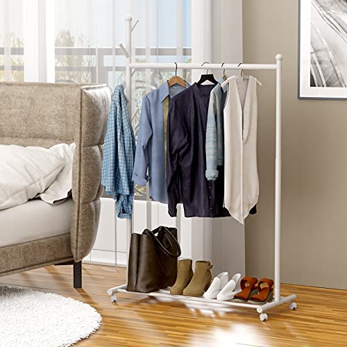 EKNITEY Clothes Garment Rack Portable - Rolling Clothing Organizer Rack on Wheels with Bottom Shelves (White)