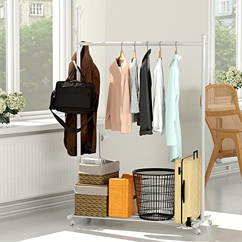 EKNITEY Clothes Garment Rack Portable - Rolling Clothing Organizer Rack on Wheels with Bottom Shelves (White)