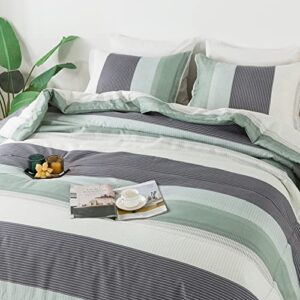 litanika queen comforter set sage green - 3 pieces lightweight bedding comforter sets, light green white colorblock stripe fluffy bed set, all season down alternative