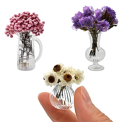 iLAND Miniature Dollhouse Accessories fits Barbie Furniture, Glass Vases w/ Dried Flowers Set for Dollhouse Furniture Antique (Luxurious 3pcs)(Luxurious 3pcs)