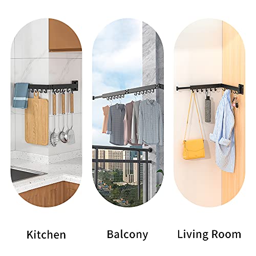 PLKO Retractable Clothes Drying Rack,Wall Mounted Clothes Hangers， Space Saver Laundry Drying Rack for Balcony,Laundry,Bathroom,Patio and Bedroom (3-Pole Black)