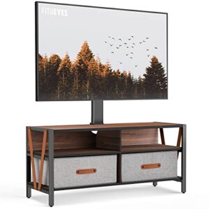 fitueyes wood swivel floor tv stand with mount for 37-75 inch tvs, television stands with storage for bedroom - height adjustable, cable management, removable fabric drawers, vesa 400x600mm, walnut
