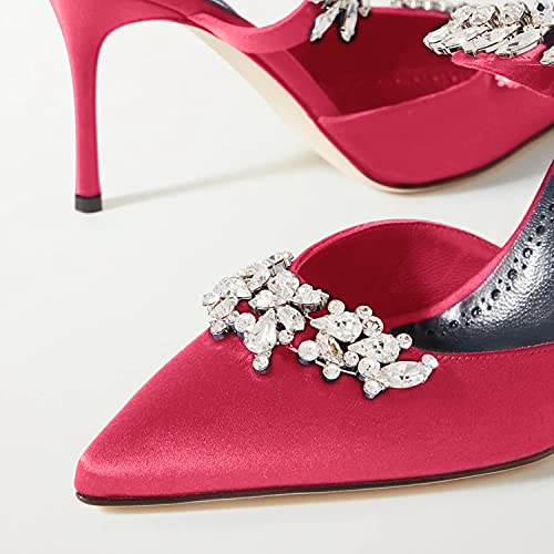 FOWT Women’s Studded Crystals Stiletto High Heel Slippers,Backless Slip On Makeup Party Pumps for Lady,Pointy Toe Satin Evening Dress Party Shoes