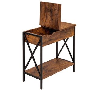 weenfon narrow end table, 2 tiers flip top sofa side table, nightstand with x-shaped metal legs, rustic brown and black