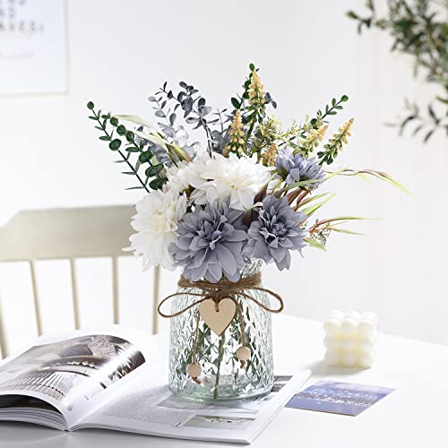 COZZI CODI Fake Flowers Artificial Blue Flowers with Vase, Table Centerpieces for Dining Room, Silk Flower Arrangements for Home, Living Room Bathroom Plant Decor, Centerpiece Table Decorations