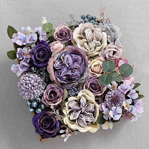 HIMIFOLO Artificial Flowers Austin Roses 25pcs Silk Fake Flowers for DIY Wedding Bouquets Combo Gradual Change Centerpieces Arrangements Party Bridal Baby Shower Home Decorations (Purple)