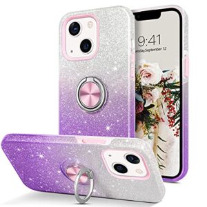 guagua compatible with iphone 13 mini case 5.4 inch glitter sparkle bling cute cover for girls women with pink ring holder kickstand shockproof protective case for iphone 13 mini gradient purple