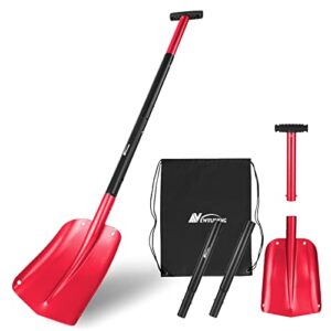 43" aluminum snow shovel for car trunk emergency, 4 sections collapsible design garden/sport utility shovel portable snow scoop sand mud snow removal tool for camping & outdoor activities (red)