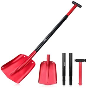 43" Aluminum Snow Shovel for Car Trunk Emergency, 4 Sections Collapsible Design Garden/Sport Utility Shovel Portable Snow Scoop Sand Mud Snow Removal Tool for Camping & Outdoor Activities (Red)