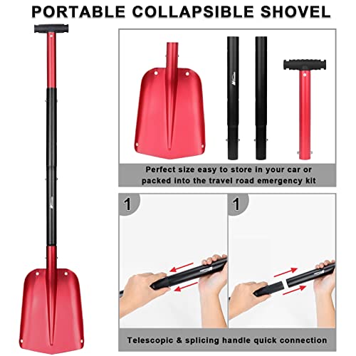 43" Aluminum Snow Shovel for Car Trunk Emergency, 4 Sections Collapsible Design Garden/Sport Utility Shovel Portable Snow Scoop Sand Mud Snow Removal Tool for Camping & Outdoor Activities (Red)