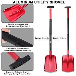 43" Aluminum Snow Shovel for Car Trunk Emergency, 4 Sections Collapsible Design Garden/Sport Utility Shovel Portable Snow Scoop Sand Mud Snow Removal Tool for Camping & Outdoor Activities (Red)