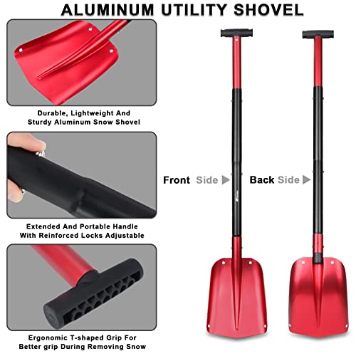 43" Aluminum Snow Shovel for Car Trunk Emergency, 4 Sections Collapsible Design Garden/Sport Utility Shovel Portable Snow Scoop Sand Mud Snow Removal Tool for Camping & Outdoor Activities (Red)