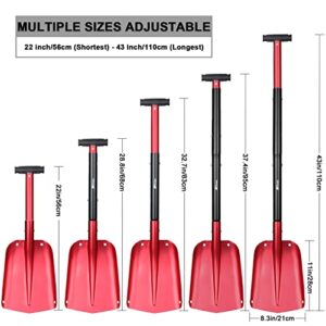 43" Aluminum Snow Shovel for Car Trunk Emergency, 4 Sections Collapsible Design Garden/Sport Utility Shovel Portable Snow Scoop Sand Mud Snow Removal Tool for Camping & Outdoor Activities (Red)