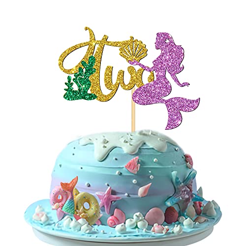 Mermaid Two Happy Birthday Cake Topper with Coral Shell, Under The Sea Theme / Mermaid 2nd Baby Shower Cake Pick, I'm One Sign, Mermaid Princess Birthday / Wedding / Pool Party Supplies