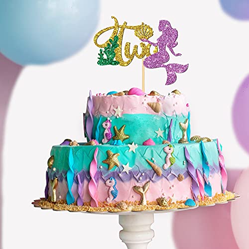 Mermaid Two Happy Birthday Cake Topper with Coral Shell, Under The Sea Theme / Mermaid 2nd Baby Shower Cake Pick, I'm One Sign, Mermaid Princess Birthday / Wedding / Pool Party Supplies