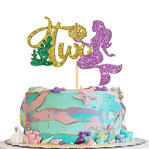 Mermaid Two Happy Birthday Cake Topper with Coral Shell, Under The Sea Theme / Mermaid 2nd Baby Shower Cake Pick, I'm One Sign, Mermaid Princess Birthday / Wedding / Pool Party Supplies