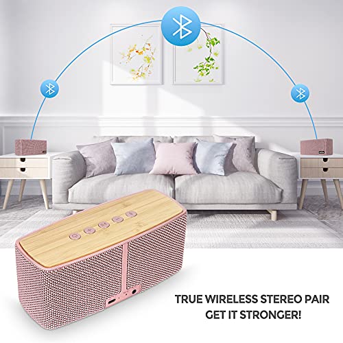 comiso Bluetooth Speakers, 20W Loud Wood Home Audio Outdoor Portable Wireless Speaker, Subwoofer Tweeters for Super Bass Stereo Sound Bluetooth 5.0 Handsfree 24H Playtime (Pink)