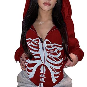 prreey women oversized fashion sweatshirt zip up hoodie,long sleeve pullover casual pockets hoodie skeleton jacket (e# red bone, small)