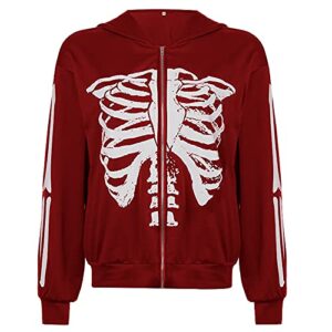 Prreey Women Oversized Fashion Sweatshirt Zip Up Hoodie,Long Sleeve Pullover Casual Pockets Hoodie Skeleton Jacket (E# Red Bone, Small)