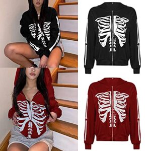 Prreey Women Oversized Fashion Sweatshirt Zip Up Hoodie,Long Sleeve Pullover Casual Pockets Hoodie Skeleton Jacket (E# Red Bone, Small)