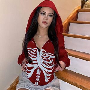 Prreey Women Oversized Fashion Sweatshirt Zip Up Hoodie,Long Sleeve Pullover Casual Pockets Hoodie Skeleton Jacket (E# Red Bone, Small)