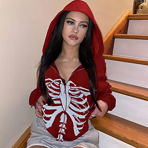 Prreey Women Oversized Fashion Sweatshirt Zip Up Hoodie,Long Sleeve Pullover Casual Pockets Hoodie Skeleton Jacket (E# Red Bone, Small)