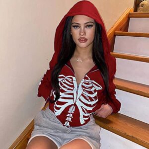 Prreey Women Oversized Fashion Sweatshirt Zip Up Hoodie,Long Sleeve Pullover Casual Pockets Hoodie Skeleton Jacket (E# Red Bone, Small)