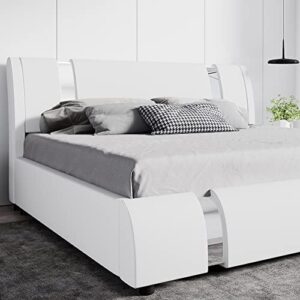 sha cerlin full size bed frame with iron pieces decor and adjustable headboard/deluxe upholstered modern platform bed with solid wooden slats support/no box spring needed, white