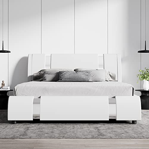 SHA CERLIN Full Size Bed Frame with Iron Pieces Decor and Adjustable Headboard/Deluxe Upholstered Modern Platform Bed with Solid Wooden Slats Support/No Box Spring Needed, White
