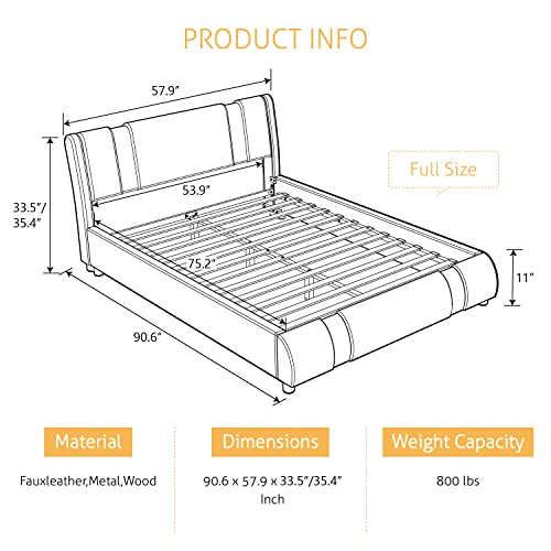 SHA CERLIN Full Size Bed Frame with Iron Pieces Decor and Adjustable Headboard/Deluxe Upholstered Modern Platform Bed with Solid Wooden Slats Support/No Box Spring Needed, White