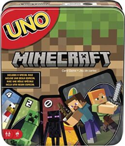 mattel games uno minecraft card game for family night with minecraft-themed graphics in a collectible tin for 2-10 players (amazon exclusive)