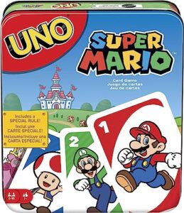 mattel games uno super mario card game, video game themed travel game in collectible storage tin with special rule