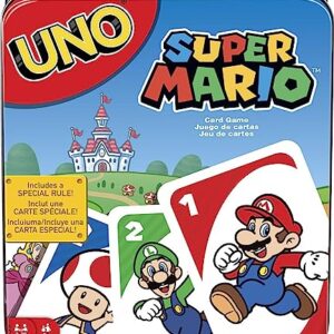 Mattel Games UNO Super Mario Card Game, Video Game Themed Travel Game in Collectible Storage Tin with Special Rule