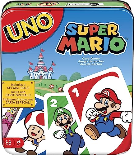 Mattel Games UNO Super Mario Card Game, Video Game Themed Travel Game in Collectible Storage Tin with Special Rule