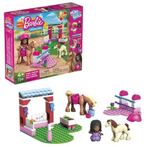 mega barbie pets horse toy building set with micro-doll and accessories, 1 horse and 1 pony, easy-to-build horse jumping playset