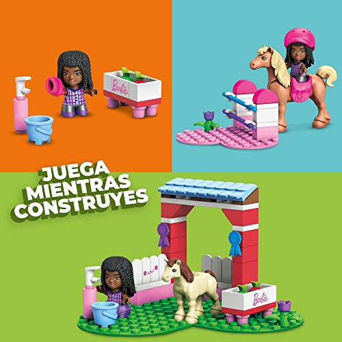 Mega Barbie Pets Horse Toy Building Set with Micro-Doll and Accessories, 1 Horse and 1 Pony, Easy-to-Build Horse Jumping Playset