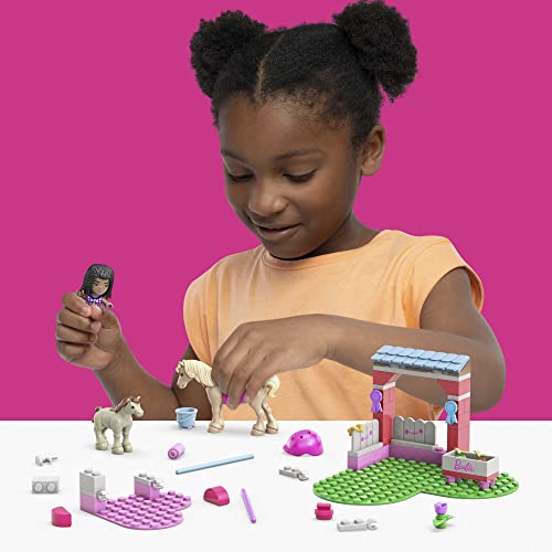 Mega Barbie Pets Horse Toy Building Set with Micro-Doll and Accessories, 1 Horse and 1 Pony, Easy-to-Build Horse Jumping Playset