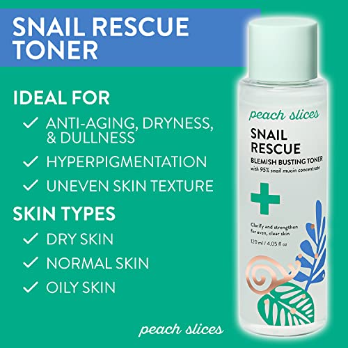 Peach Slices | Snail Rescue Blemish Busting Toner | 95% Snail Mucin | Pore Cleaner | Hydrates & Balances | Korean Skin Care | CICA | Hyaluronic Acid | Non-Comedogenic | Cruelty-Free | 4.05 oz