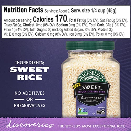 RiceSelect Discoveries Sweet Sticky Dessert Rice, Gluten-Free, Non-GMO, Vegan, 14.5-Ounce Jar, White