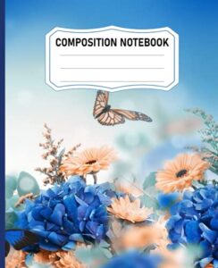 yellow and blue flowers with butterflies composition notebooks: wide ruled blank pages 7.5 x 9.25, 120 pages, for kids, teens, and adults, video game (composition notebooks)