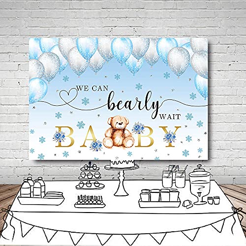 MEHOFOND 7x5ft Winter Snowflake Bear Boy Baby Shower Backdrop We Can Bearly Wait Bear Blue and Silver Balloons Photography Background Party Decor Cake Table Decor Banner Photo Booth