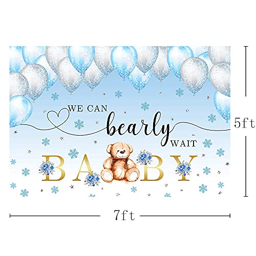 MEHOFOND 7x5ft Winter Snowflake Bear Boy Baby Shower Backdrop We Can Bearly Wait Bear Blue and Silver Balloons Photography Background Party Decor Cake Table Decor Banner Photo Booth