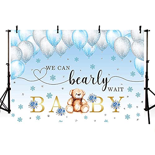 MEHOFOND 7x5ft Winter Snowflake Bear Boy Baby Shower Backdrop We Can Bearly Wait Bear Blue and Silver Balloons Photography Background Party Decor Cake Table Decor Banner Photo Booth