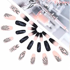 Florry Extra Long Coffin Press on Nails Halloween Fake Nails Black Matte Acrylic Nail for Women and Girls 24Pcs (Spider web)