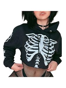farrubbyine8 women gothic crop sweatshirt skeleton halloween long sleeve hoodie top casual goth pullover crop top (c skeleton, large)